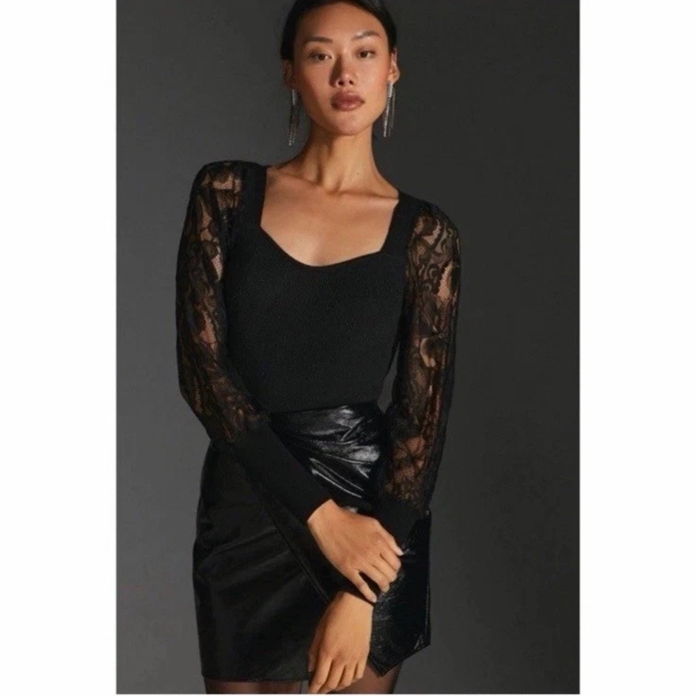 Anthropologie Black Ribbed Sweater Lace Sleeves Sweetheart Neck Romantic Top M